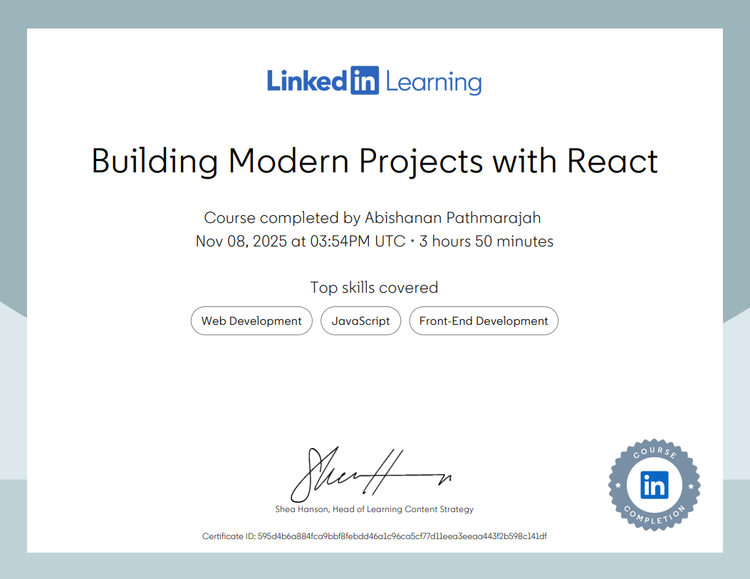 Building Modern Projects with React Certificate